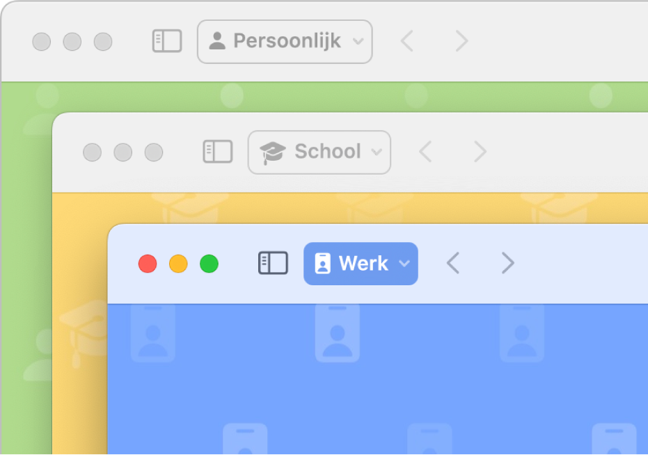 Drie Safari-profielvensters: een voor persoonlijk gebruik, een voor school en een voor werk.