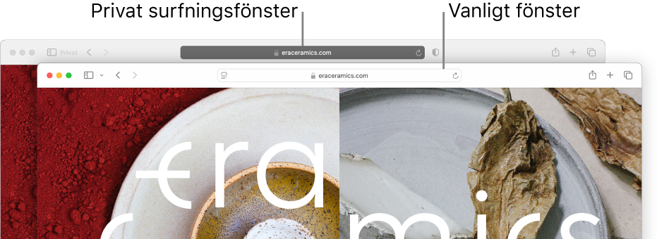 Ett privat Safari-fönster med ett mörkt smart sökfält och ett vanligt Safari-fönster med ett ljust smart sökfält.