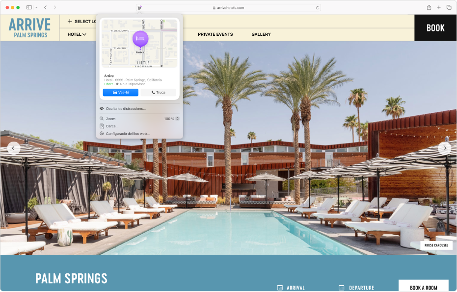 L’app Safari mostra els aspectes destacats d’una destinació hotelera a Palm Springs, com ara un mapa, botons per trucar a l’hotel i obtenir indicacions, així com un enllaç per fer una reserva.