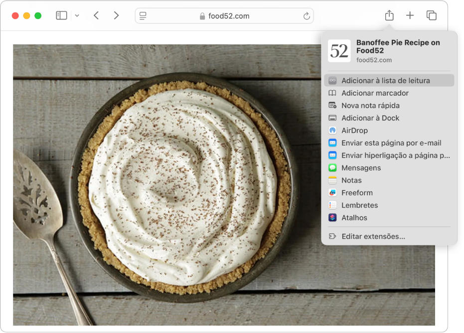 A página web a mostrar a receita de uma tarte, com o botão “Partilhar” clicado e a opção “Adicionar à lista de leitura” selecionada.