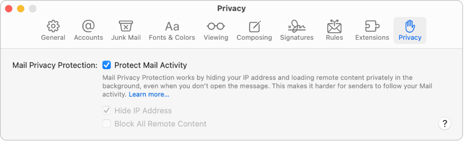Het paneel 'Privacy' in de instellingen voor Mail.