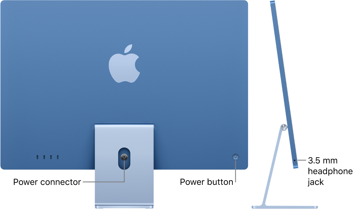 Back view of iMac showing the power connector and the power button. Next to it is a side view showing the headphone jack.