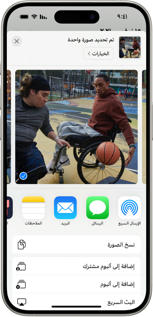 صورة محددة تظهر في النصف العلوي من شاشة iPhone، مع ظهور صف من خيارات المشاركة تحتها. خيارات إضافية تظهر أدناه، بما في ذلك نسخ الصورة، وإضافة إلى ألبوم مشترك، وإضافة إلى الألبوم، والبث السريع.