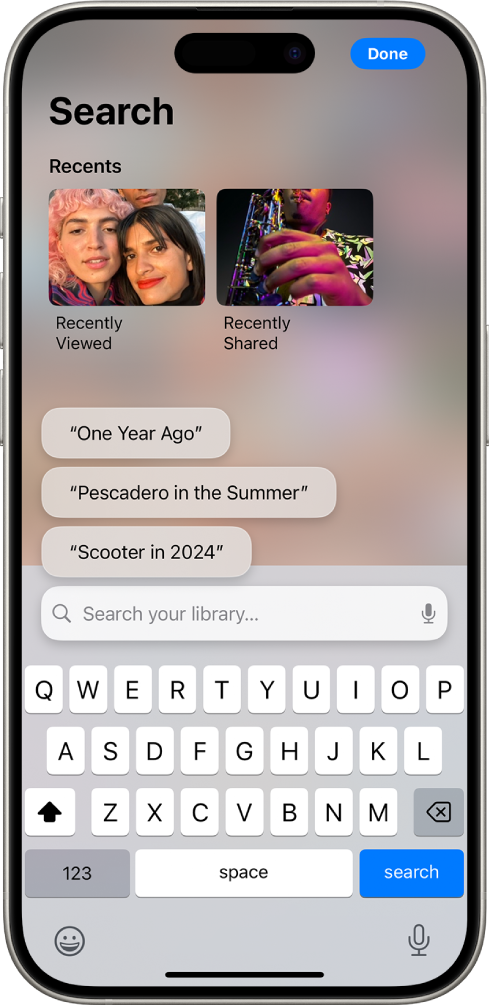 The Search screen in the Photos app. At the top of the screen are recently viewed or shared items, followed by suggested searches, then the search field.