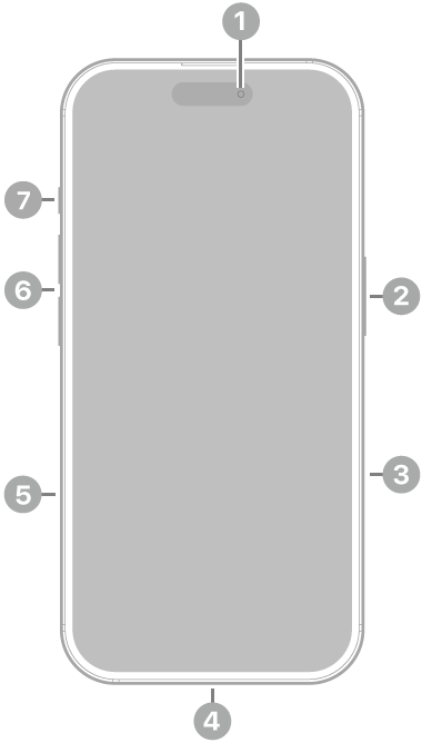 The front view of iPhone 16. The front camera is at the top center. The side button and the Camera Control are on the right side. The USB-C connector is on the bottom. On the left side, from bottom to top, are the SIM tray, the volume buttons, and the Action button.