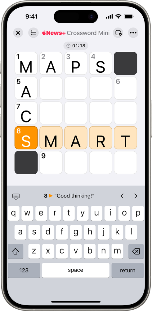 A partially filled mini crossword puzzle, with a keyboard open at the bottom.