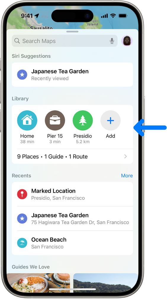 The Maps app showing pins in the library, recent searches, and recommended guides.