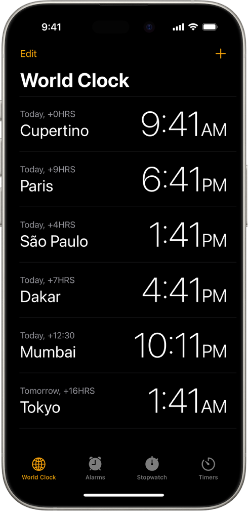 The World Clock tab, showing the time in various cities. The Edit button near the upper-left corner lets you reorder or delete clocks. The Add button near the upper-right corner lets you add more clocks. World Clock, Alarm, Stopwatch, and Timers buttons are along the bottom.