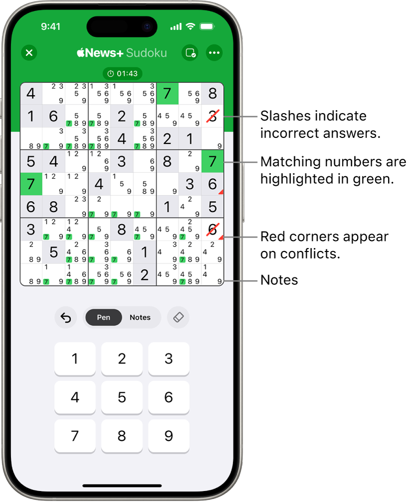 A sudoku puzzle with several features turned on: Notes, Highlight Matching Numbers, Show Conflicts, and Autocheck.