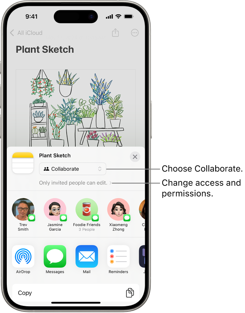 A collaboration invitation to a drawing in Notes, showing Collaborate for the share option and “Only people you invite can edit” as the access and permission setting. Four possible recipients, including a group, form a row below that. The bottom row offers different ways to share the note: AirDrop, Messages, Mail, and Freeform.