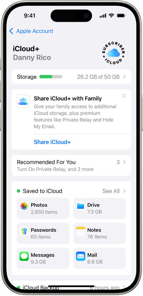 The iCloud settings screen showing the iCloud storage meter and a list of features—including Photos, iCloud Drive, and iCloud Backup—that can be used with iCloud.