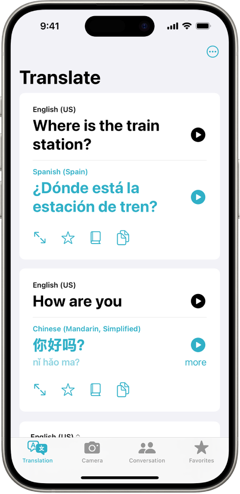 The Translation tab, showing translated phrases from English to Spanish and English to Mandarin.