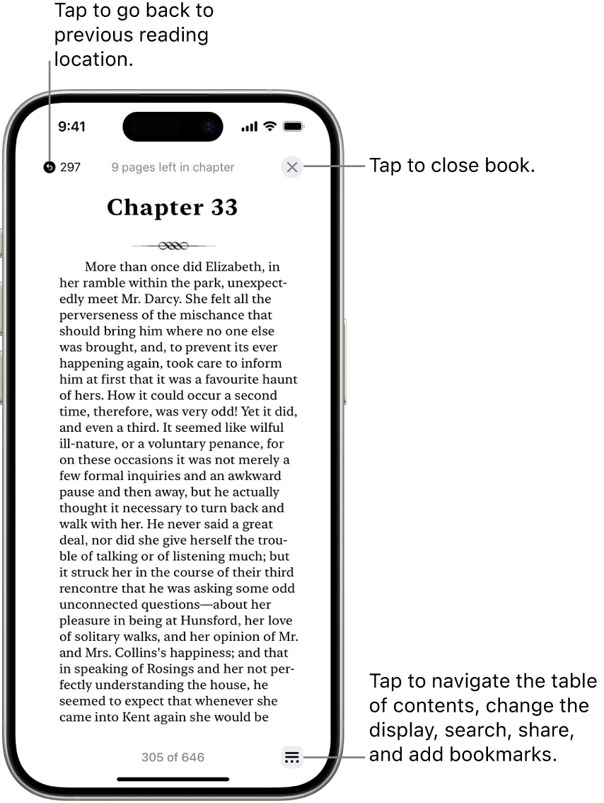 A page of a book in the Books app. At the top of the screen are the buttons for returning to the page on which you began reading and for closing the book. At the bottom right of the screen is the Menu button.