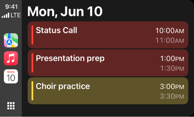 CarPlay showing Maps, Music, and Calendar in the Sidebar. To the right are events for Mon, June 5th for portfolio work session, leadership skills workshop, presentation prep, and choir practice.