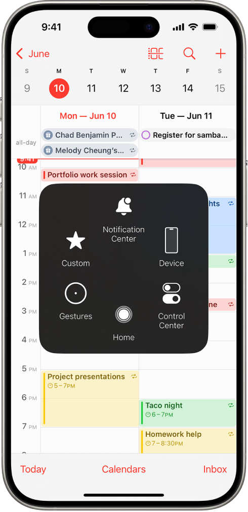 An iPhone with the AssistiveTouch menu visible, showing controls for Notification Center, Device, Control Center, Home, Gestures, and Custom.