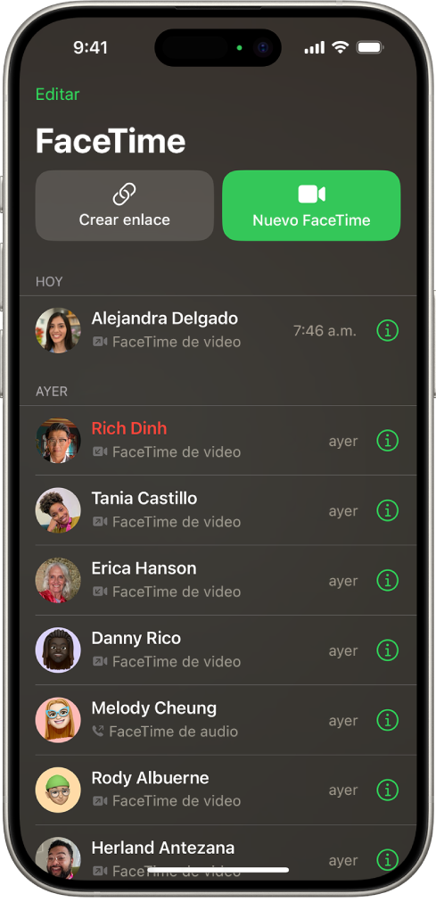 La pantalla para iniciar una llamada de FaceTime muestra los botones Crear enlace y Nuevo FaceTime para iniciar una llamada de FaceTime.