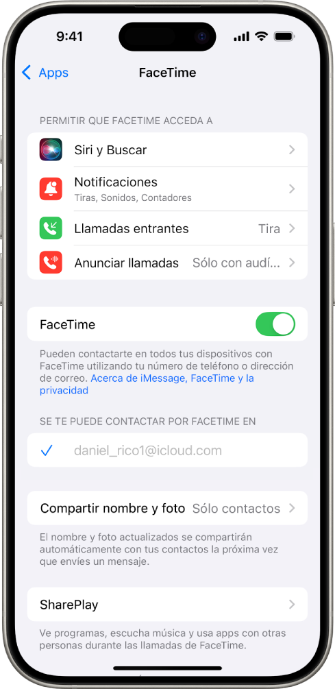 La pantalla de Configuración de FaceTime donde se encuentra el interruptor para activar o desactivar FaceTime y el campo con tu cuenta de Apple para FaceTime.