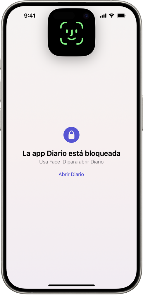 Una pantalla que solicita usar Face ID para desbloquear el diario.