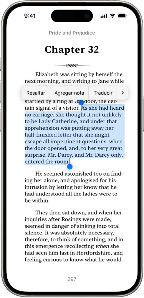 Una página de un libro en la app Libros con una parte del texto de la página seleccionado. Los controles Resaltar, Agregar nota y Traducir están arriba del texto seleccionado.