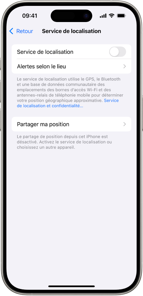 L’écran « Services de localisation », avec des réglages permettant de partager la position de votre iPhone avec des apps.