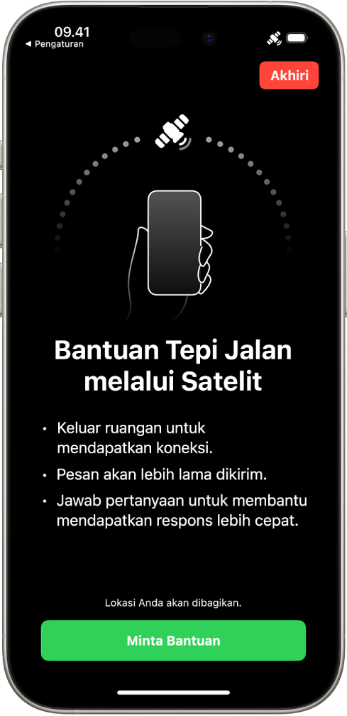 Layar Bantuan Tepi Jalan melalui satelit. Tombol Minta Bantuan ada di bagian bawah layar.