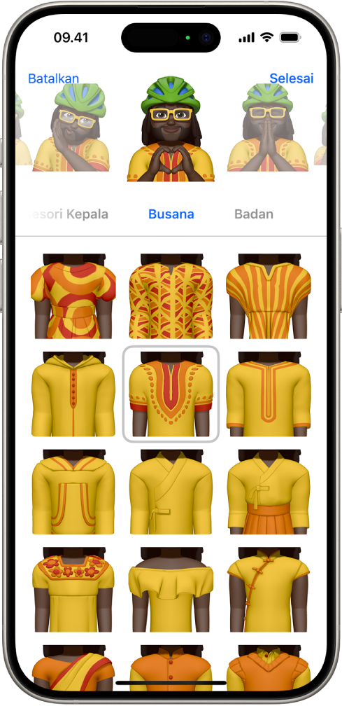 Layar Memoji, menampilkan karakter yang sedang dibuat di bagian tengah, fitur untuk menyesuaikan di bawah karakter, lalu di bawahnya, pilihan untuk fitur yang dipilih. Tombol Selesai terdapat di kanan atas dan tombol Batalkan terdapat di kiri atas.