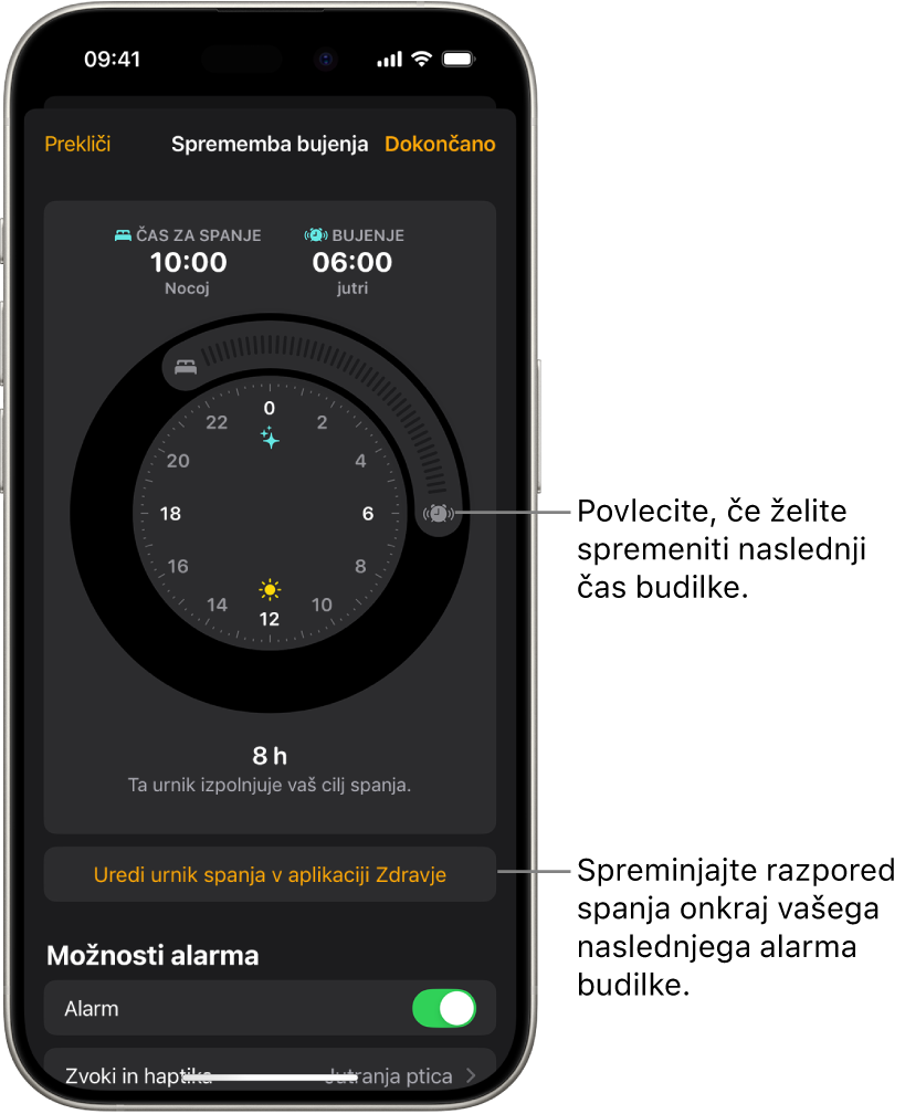 Zaslon za spremembo naslednjega alarma za bujenje. Položaj gumba za zvonjenje alarma nastavi čas alarma.