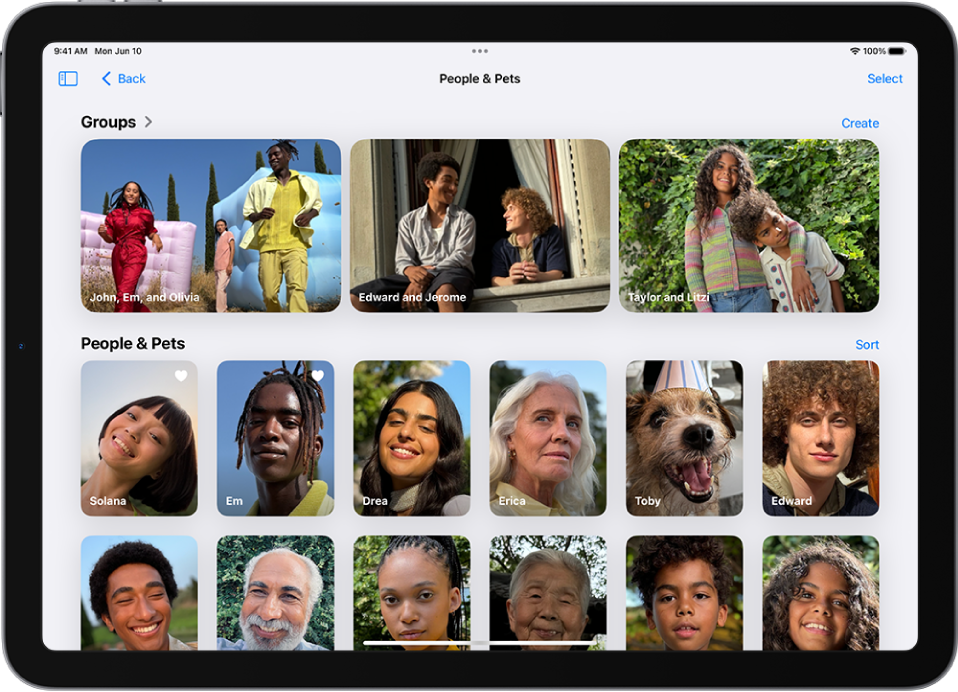 The People & Pets collection in the Photos app. At the top of the screen are groups, then individual people and pets.