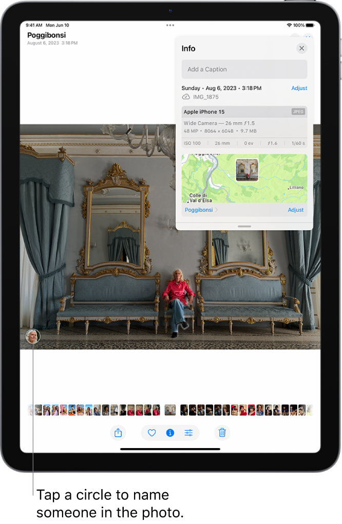 The iPad screen shows a photo open in the Photos app. In the bottom-left corner of the photo is a named thumbnail of the person who appears in the photo.