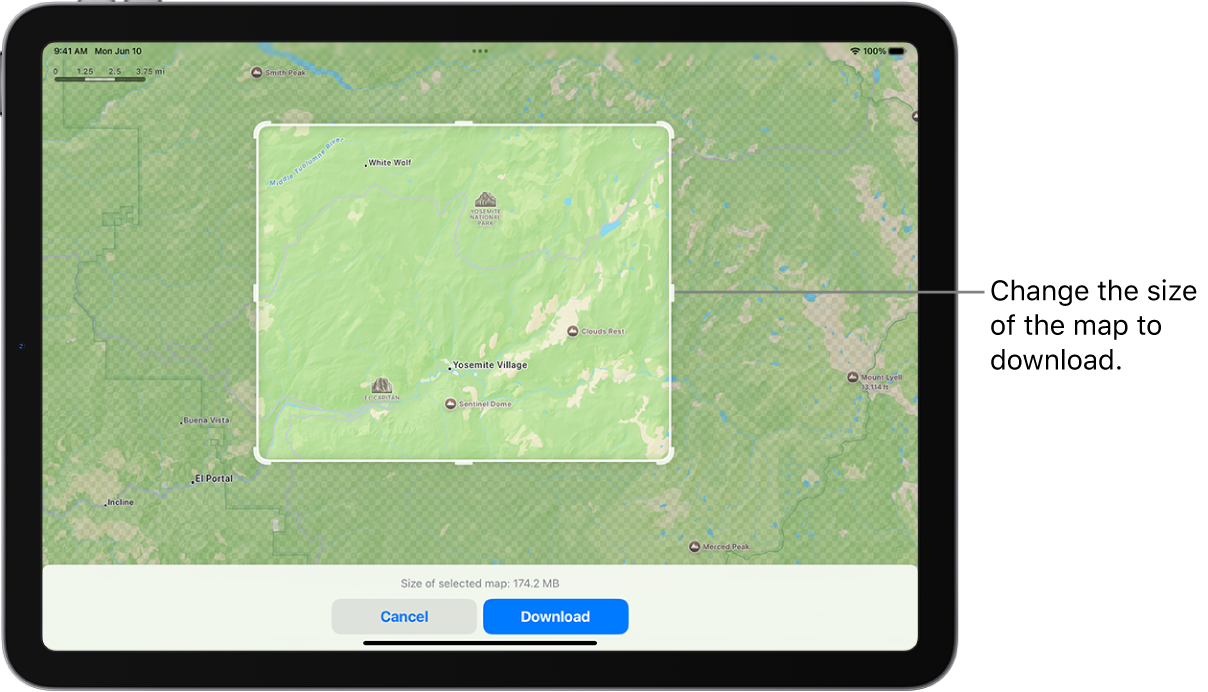 Un iPad affichant un plan d’un parc national. Le parc est encadré par un rectangle avec des poignées, qui peuvent être déplacées pour modifier la taille du plan à télécharger. La taille de téléchargement du plan sélectionné est indiquée vers le bas du plan. Les boutons Annuler et Télécharger se trouvent en bas de l’écran.