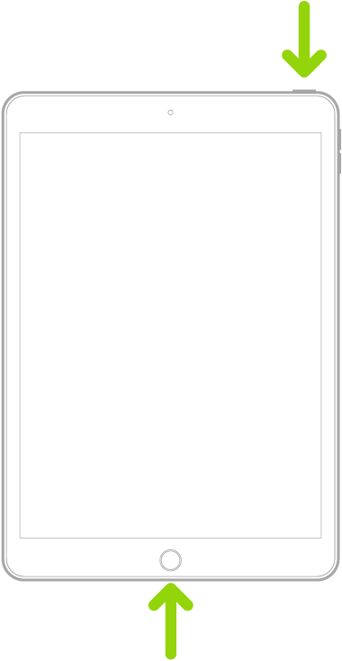 Um iPad com botão de Início. Setas apontam para o botão de Início e o botão superior.