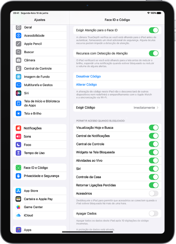 Os ajustes “Touch ID e Código”, com opções para permitir acesso a recursos específicos quando o iPad está bloqueado.
