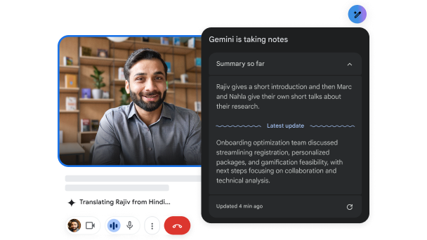 Trong một cuộc gọi video, Gemini trong Meet dịch nội dung từ tiếng Hindi sang tiếng Anh và ghi chú.