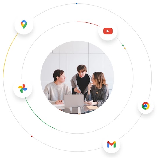 Three people work together on a laptop, surrounded by Google product logos to show the Google ecosystem.