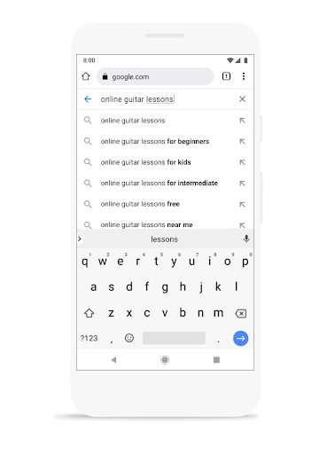 Mobile device showing a search query of ‘online guitar lessons’